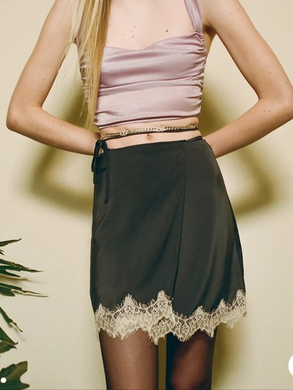 Urban Outfitters Robbi Satin Lace Trim Wrap Mini Skirt
